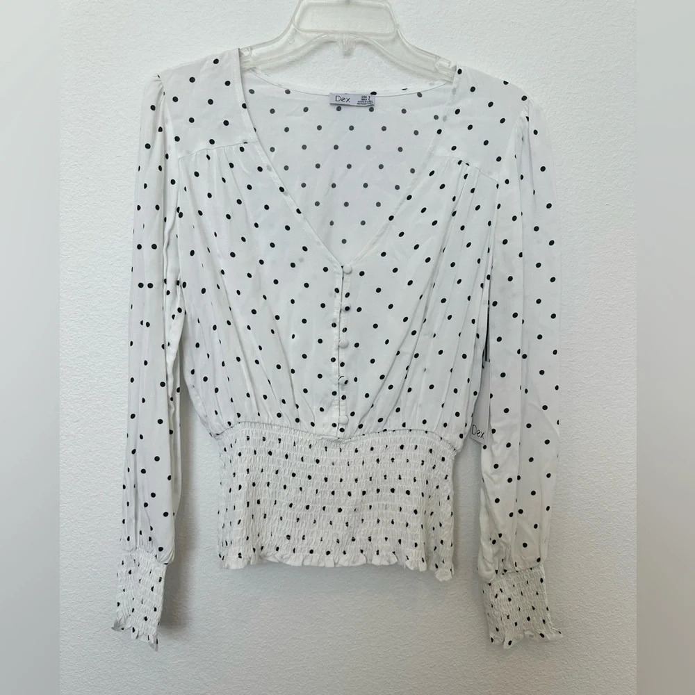 NWT Dex Polka Dot Smocked‎ Blouse Black and White Small